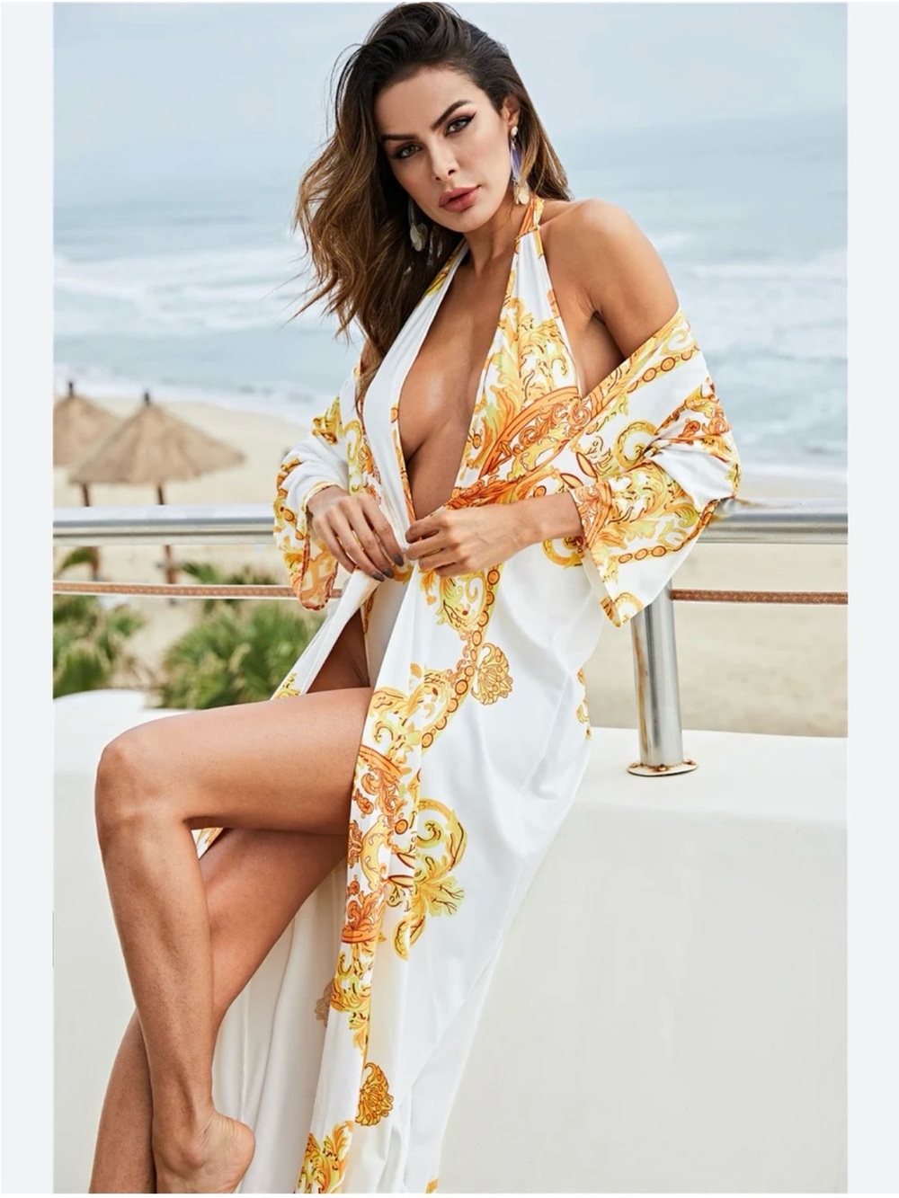 Printed Plunge Halter Swim Cover-Up in White & Gold .2 pc